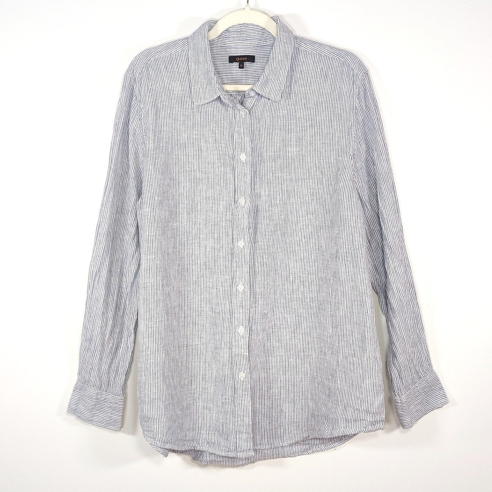 Quince Blue and White Striped Linen Button-Down Shirt